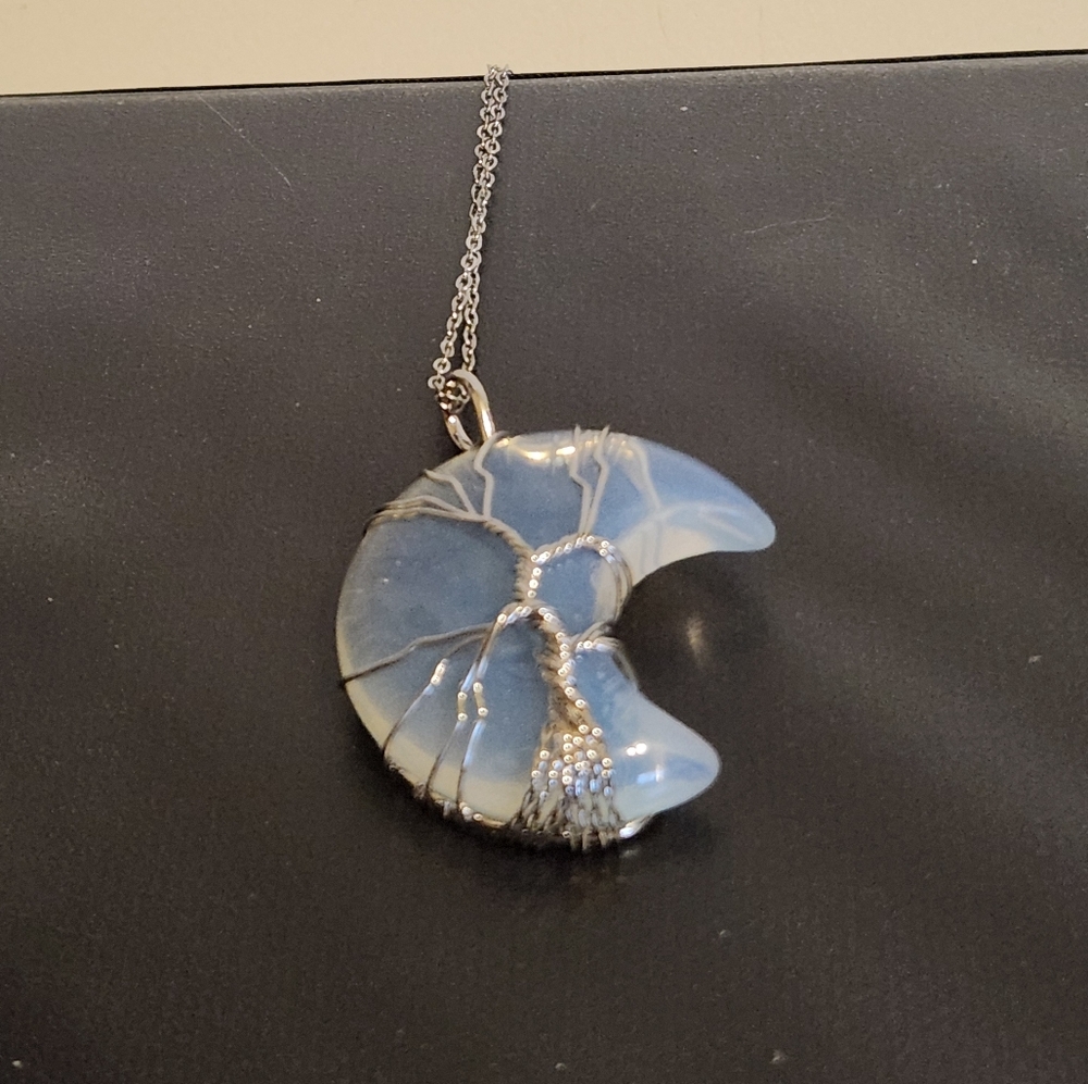 New Transparent Opal Moon Tree of Life Wire Wrap Necklace - Picture 3 of 6